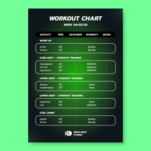 Lista de verificación de rutina de entrenamiento de gimnasio de fitness de cuerpo de neón degradado