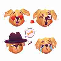 Vector gratuito little pet pug dog puppy con collar colección de emoji expresiones faciales