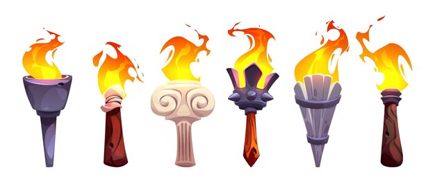 Llama de la antorcha medieval dibujos animados de varas de fuego antiguas