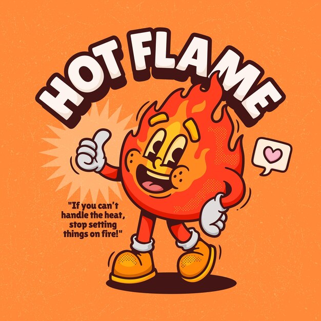 Llama ardiente, moderno, retro, dibujos animados, vector, dibujado a mano