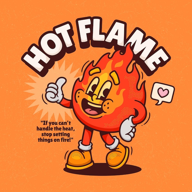 Llama ardiente, moderno, retro, dibujos animados, vector, dibujado a mano