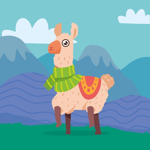 Vector gratuito llama con bufanda en el paisaje