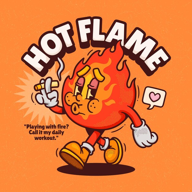 Llama caliente dibujado a mano por el vector de dibujos animados retro de moda