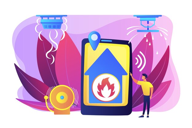 Llama en notificación remota de la casa. Hogar inteligente, alta tecnología. Sistema de alarma contra incendios, métodos de prevención de incendios, concepto de alarma contra incendios y humo.
