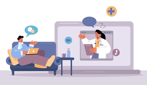 Llamada del paciente de medicina en línea al médico a través de Internet Personaje médico con bata blanca en una enorme pantalla de computadora portátil escuchar quejas a distancia servicio de atención médica tecnología moderna Ilustración vectorial de arte lineal