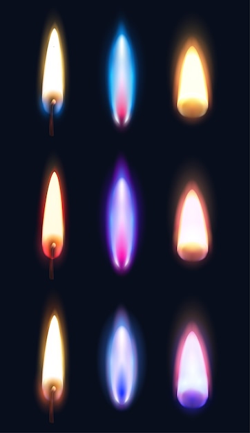 Vector gratuito llamas realistas de varias formas y colores de fósforos encendedores y velas ilustración aislada