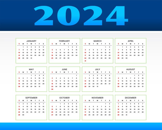 Llamativa plantilla de calendario de escritorio en inglés 2024 para vector de oficina o negocio