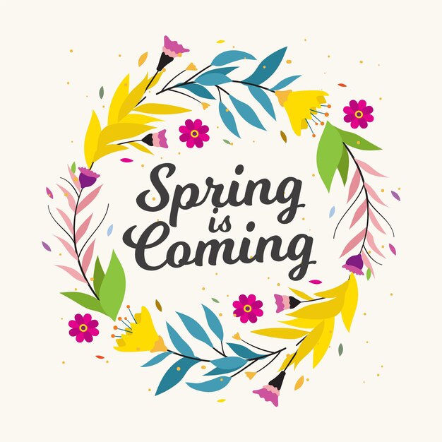 Llega la primavera letras en marco floral colorido