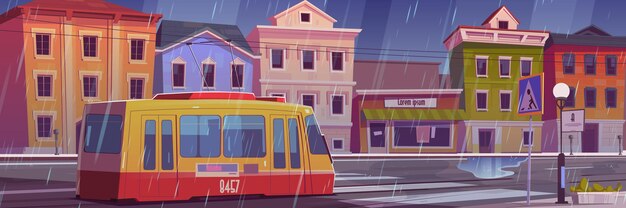 Lluvia en la calle de la ciudad con casas, tranvía y carretera vacía con paso de peatones.