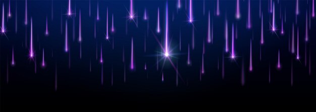 Lluvia de cometas espaciales con lluvia de estrellas de neón púrpura Fondo vectorial realista con objetos espaciales brillantes que caen verticalmente hacia abajo con trayectoria luminosa disparo de meteoritos con efecto de llamarada y rastro de brillo