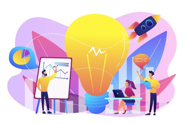 Lluvia de ideas del equipo de negocios, bombilla y cohete. Declaración de visión, misión empresarial y empresarial, concepto de planificación empresarial