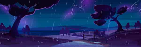 Vector gratuito lluvia nocturna en la tormenta de paisaje de dibujos animados de campo