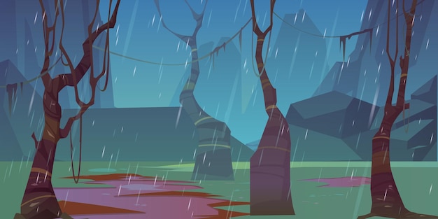 Lluvia en otoño bosque árboles desnudos y montañas