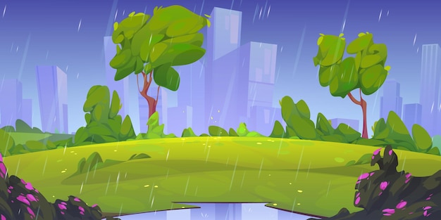 Lluvia torrencial en dibujos animados de parque urbano verde