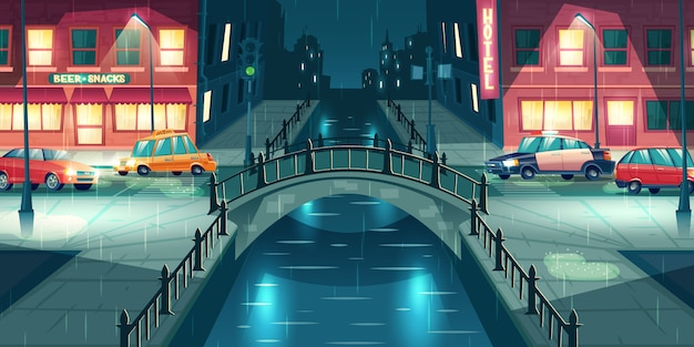 Lluvia en vector de la historieta de la calle de la ciudad de la noche. Coches de la policía y de los taxis que van en el camino de la ciudad iluminado con farolas, cruzando el río o el canal de agua con el puente de arco retro en la ilustración de clima lluvioso y húmedo