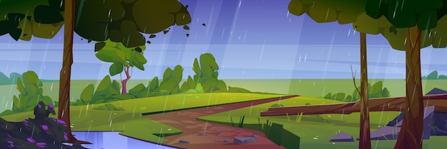 Vector gratuito lluvia de verano naturaleza salvaje dibujos animados paisaje lluvioso