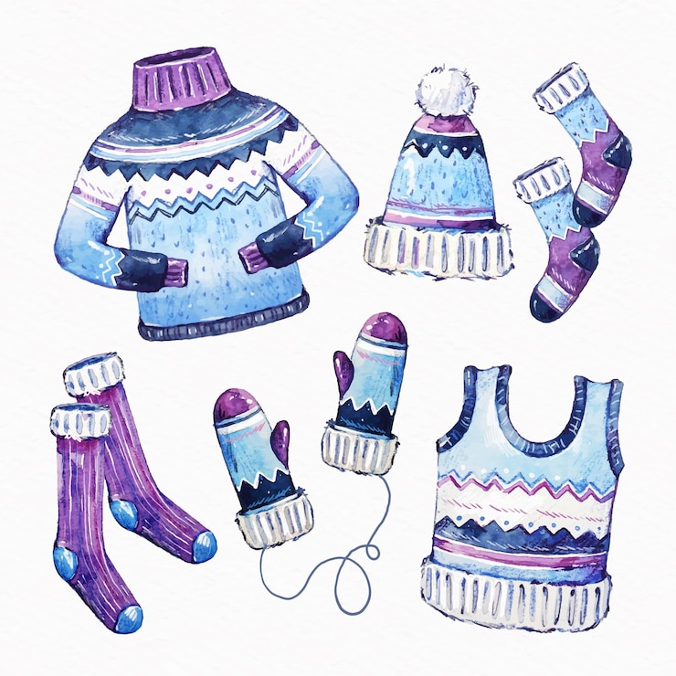 Vector gratuito lo esencial y ropa de invierno de acuarela