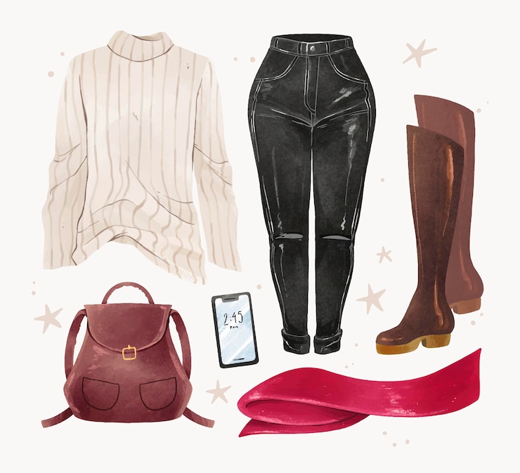 Vector gratuito lo esencial y ropa de invierno de acuarela