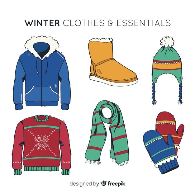 Lo esencial y ropa de invierno dibujada a mano.