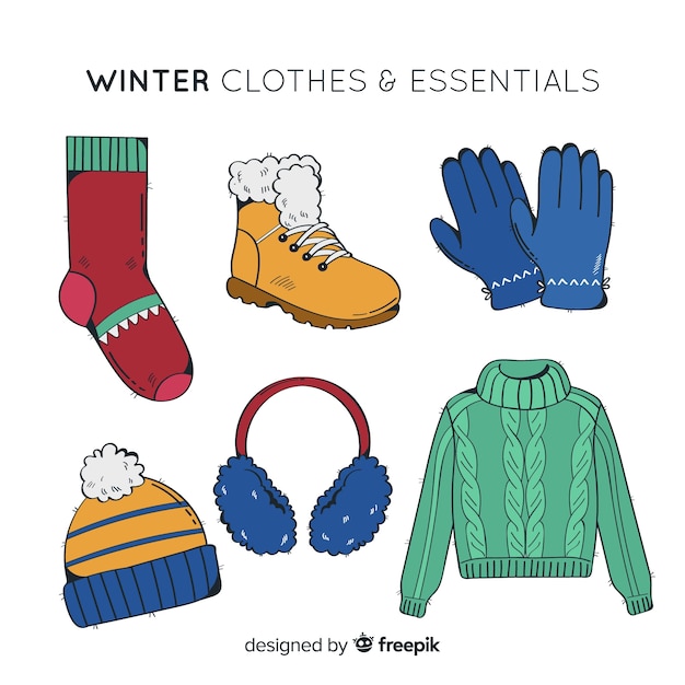 Lo esencial y ropa de invierno dibujada a mano.