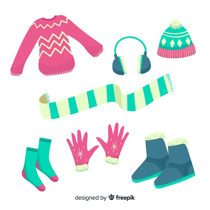 Vector gratuito lo esencial y ropa de invierno dibujada a mano.