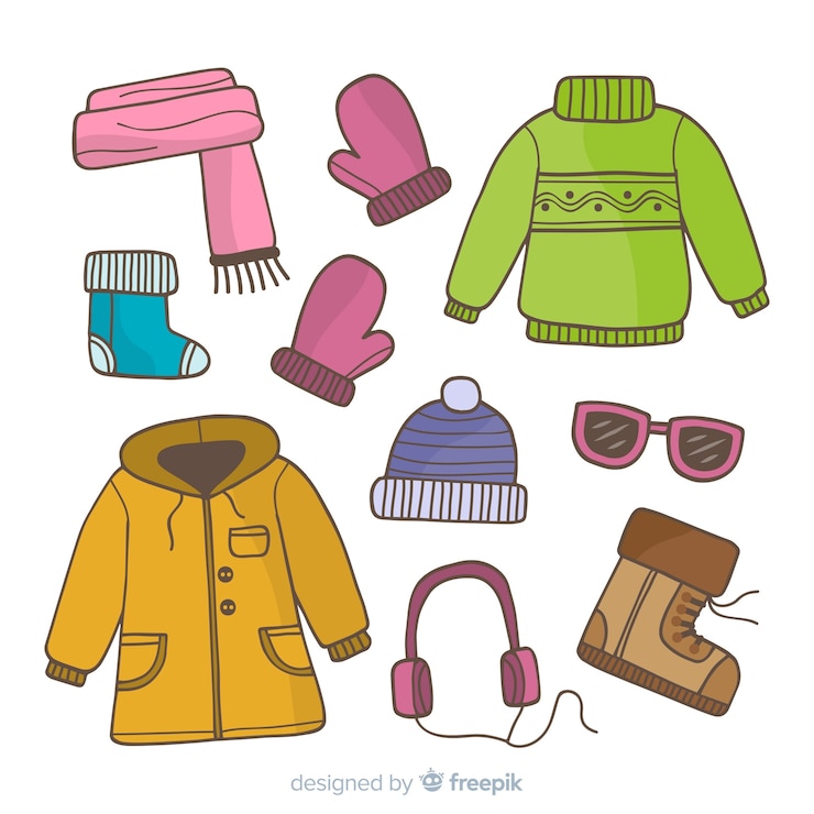Vector gratuito lo esencial y ropa de invierno dibujada a mano.