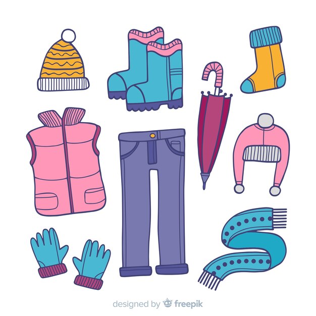 Lo esencial y ropa de invierno dibujada a mano.