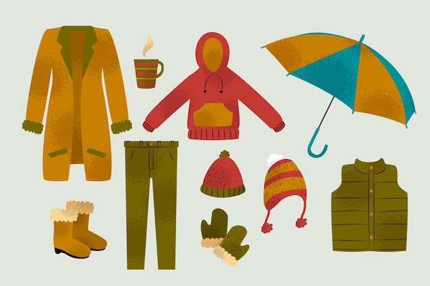 Lo esencial y ropa de invierno dibujada a mano.