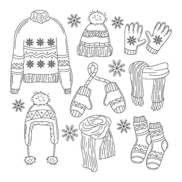 Lo esencial y ropa de invierno dibujada a mano.
