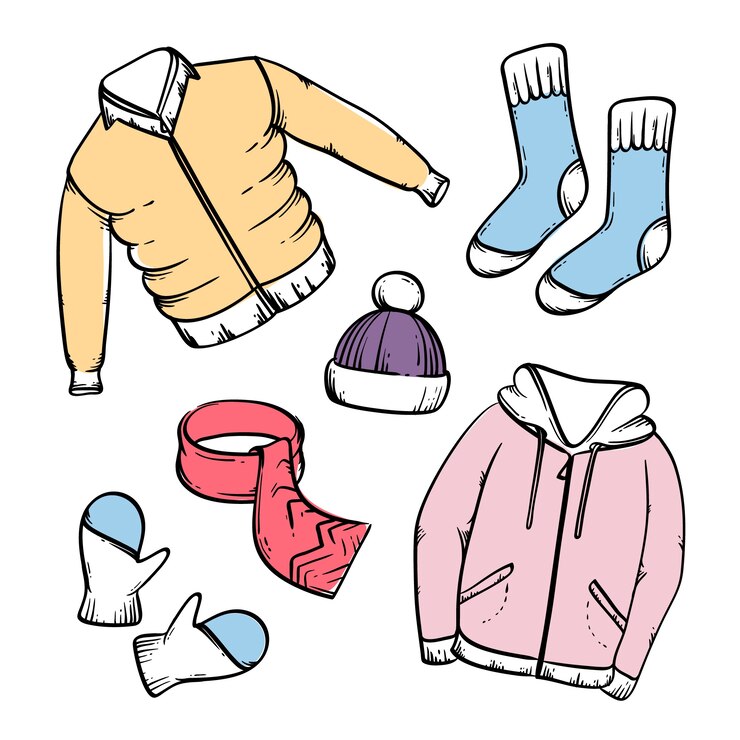 Vector gratuito lo esencial y ropa de invierno dibujada a mano.
