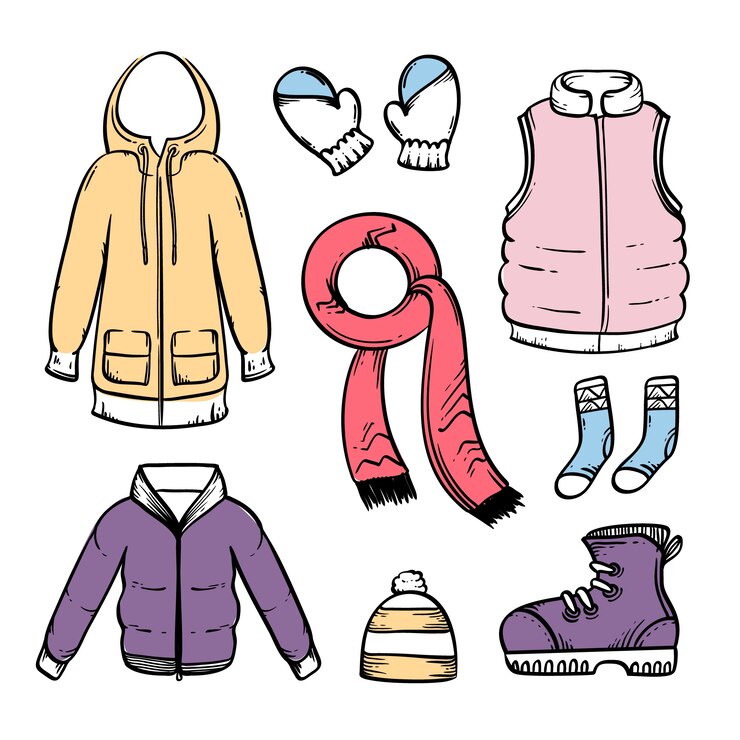 Vector gratuito lo esencial y ropa de invierno dibujada a mano.