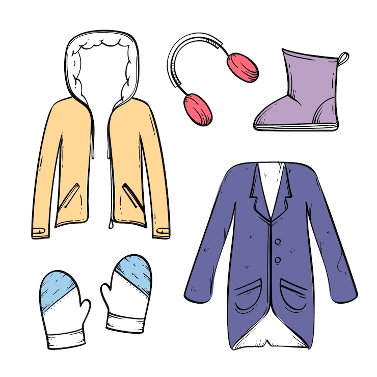 Vector gratuito lo esencial y ropa de invierno dibujada a mano.