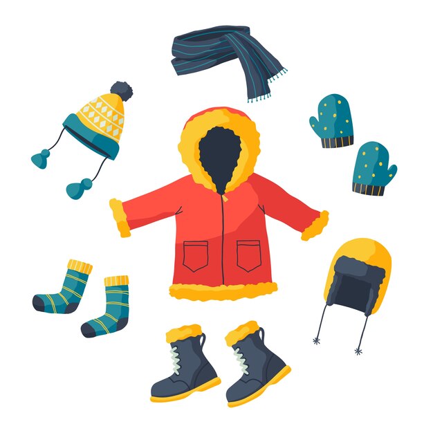 Lo esencial y ropa de invierno dibujada a mano.