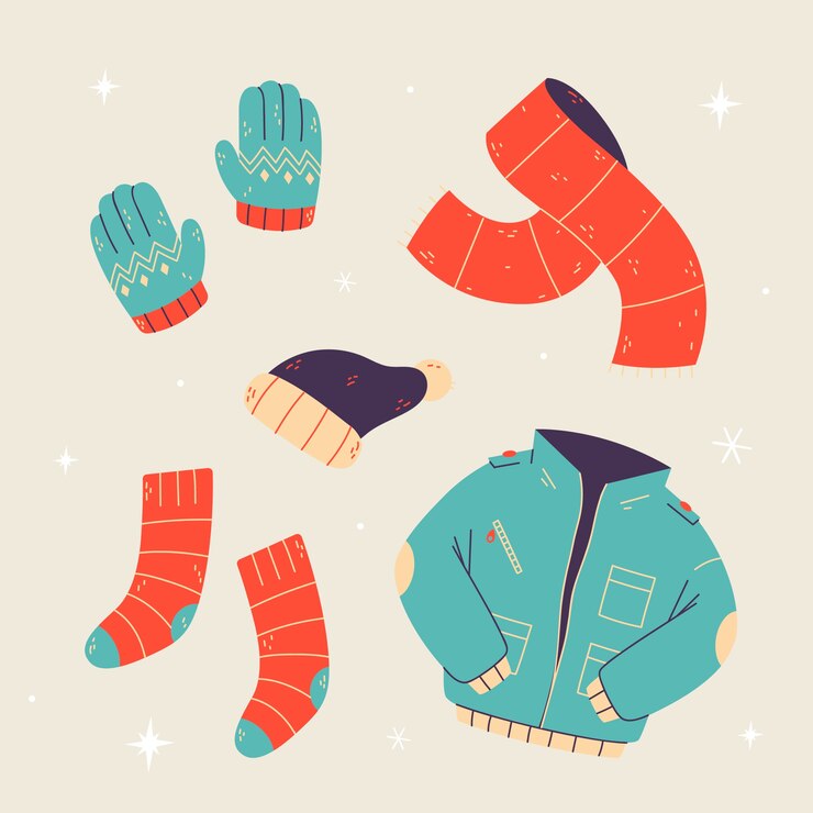 Vector gratuito lo esencial y ropa de invierno dibujada a mano.