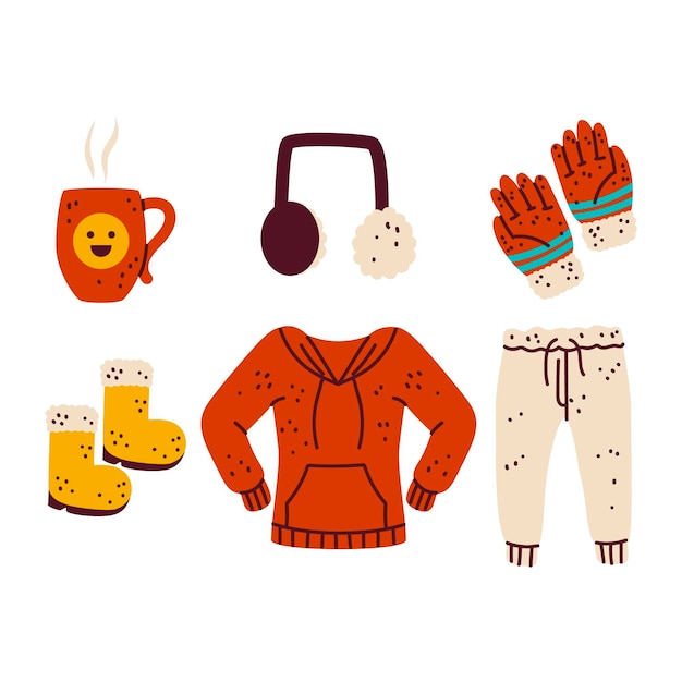 Lo esencial y ropa de invierno dibujada a mano.