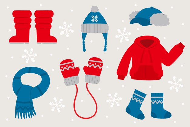 Lo esencial y ropa de invierno dibujada a mano.
