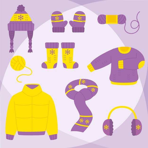 Lo esencial y ropa de invierno dibujada a mano.