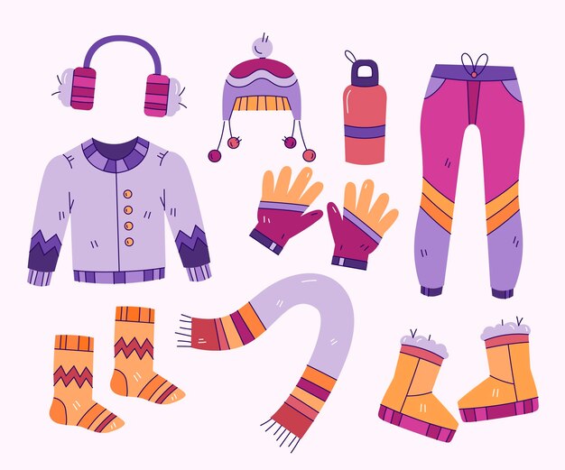 Lo esencial y ropa de invierno dibujada a mano.