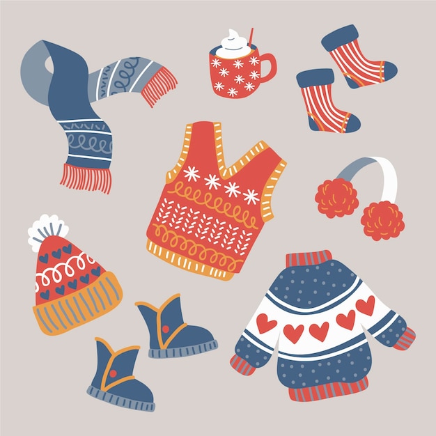 Lo esencial y ropa de invierno dibujada a mano.