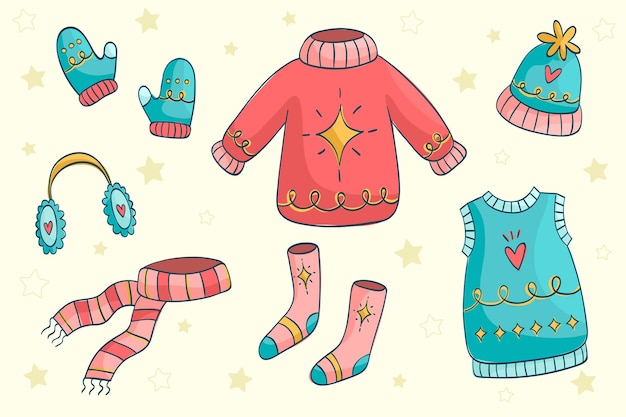 Lo esencial y ropa de invierno dibujada a mano.