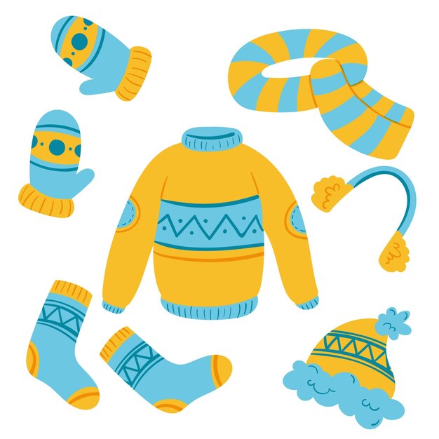 Lo esencial y ropa de invierno dibujada a mano.