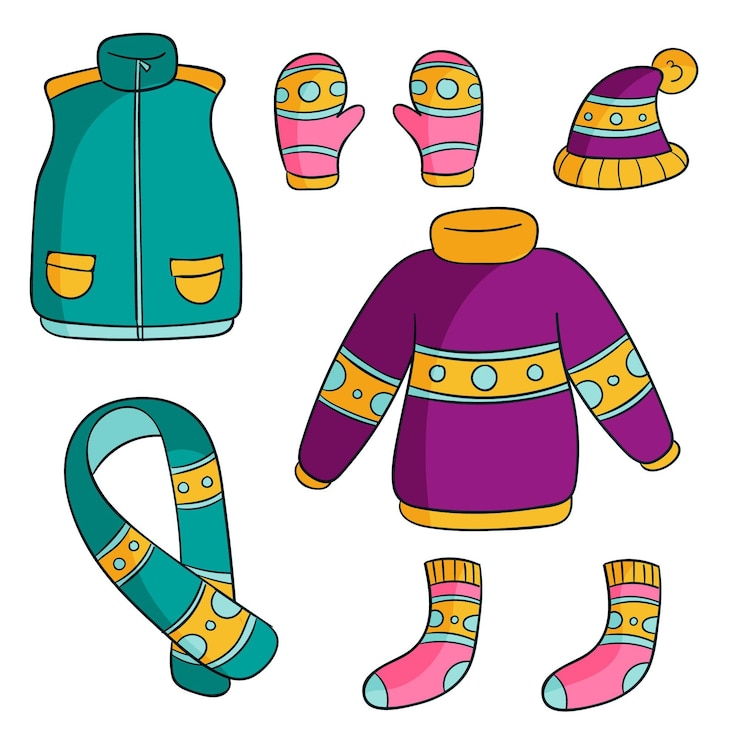 Vector gratuito lo esencial y ropa de invierno dibujada a mano.