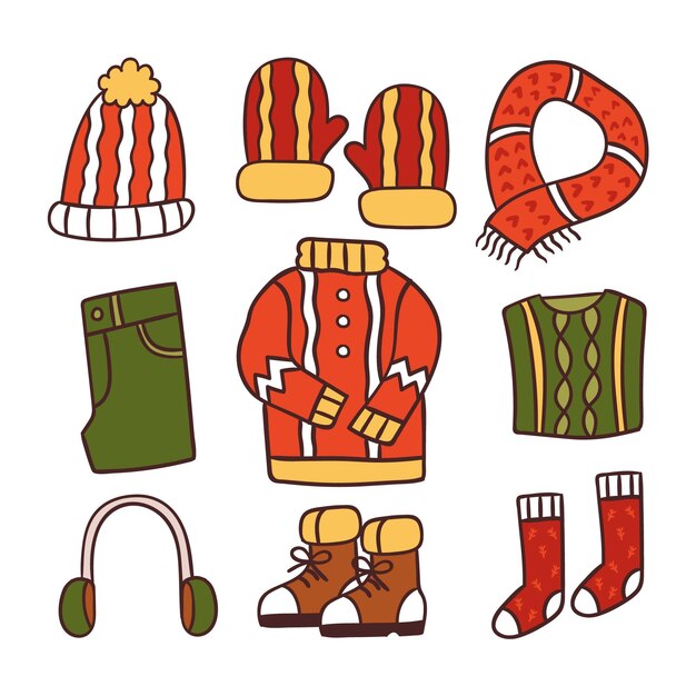 Lo esencial y ropa de invierno dibujada a mano.