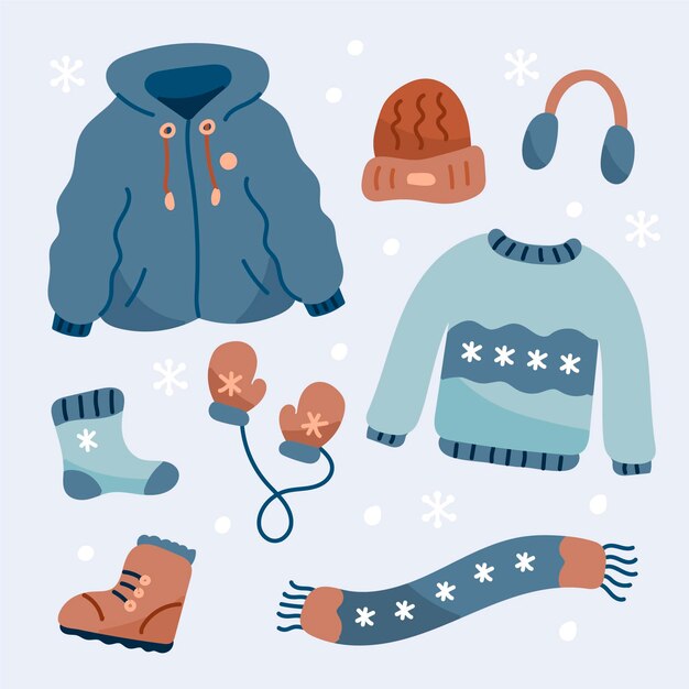 Lo esencial y ropa de invierno dibujada a mano.