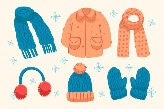 Lo esencial y ropa de invierno dibujada a mano.