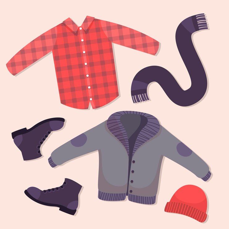 Vector gratuito lo esencial y ropa de invierno dibujada a mano.