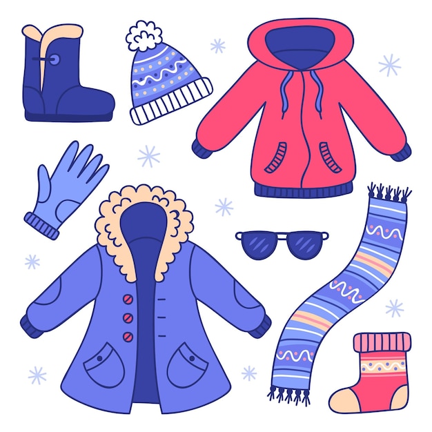 Lo esencial y ropa de invierno dibujada a mano.