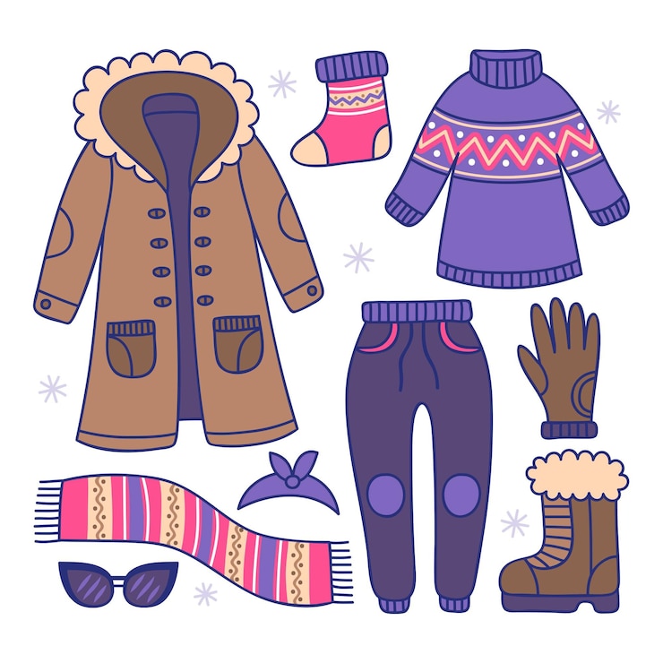 Vector gratuito lo esencial y ropa de invierno dibujada a mano.