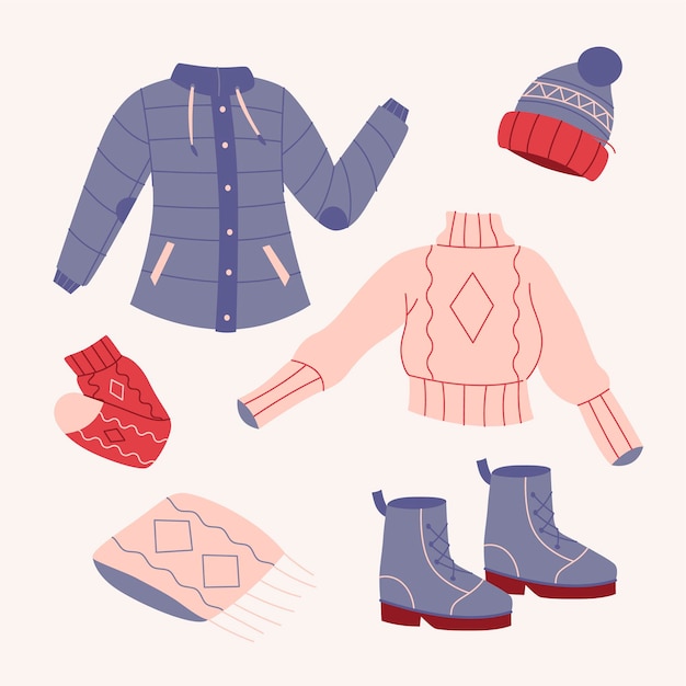 Lo esencial y ropa de invierno dibujada a mano.