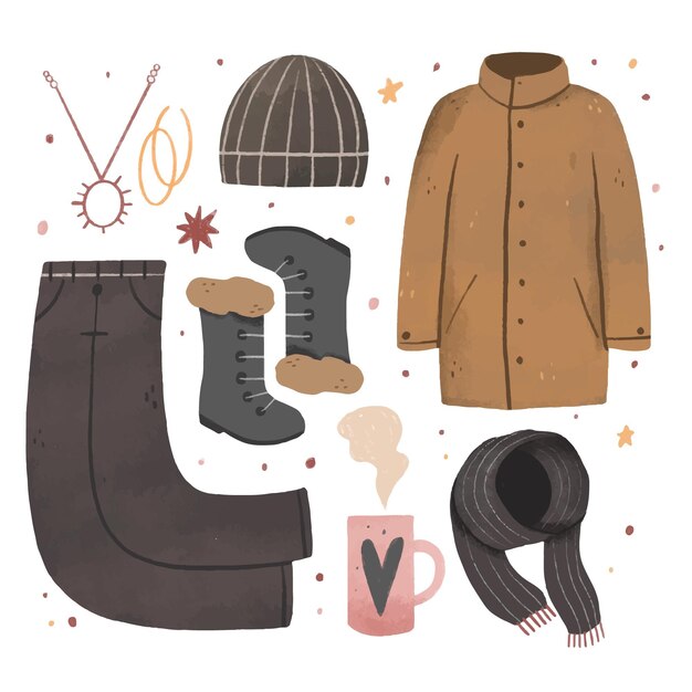 Lo esencial y ropa de invierno dibujada a mano.